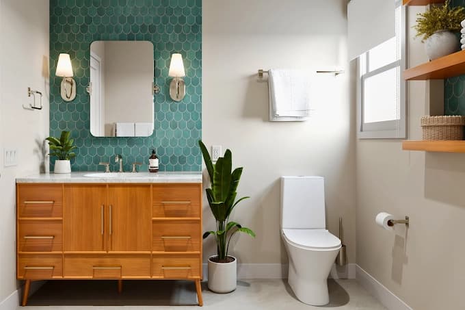 Bathroom with a green scalloped-tile accent wall, a mid-century wood vanity, dual sconces, and open wood shelving.