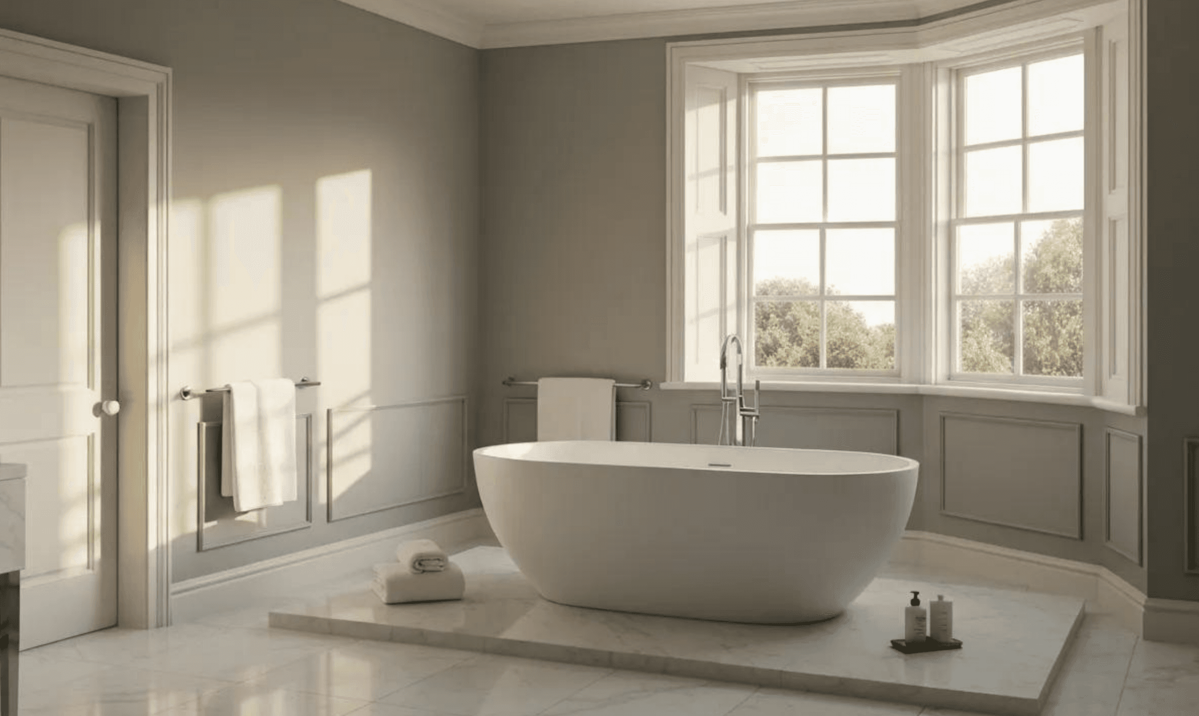Soft-toned bathroom with a freestanding tub set in a bay window and paneled walls.