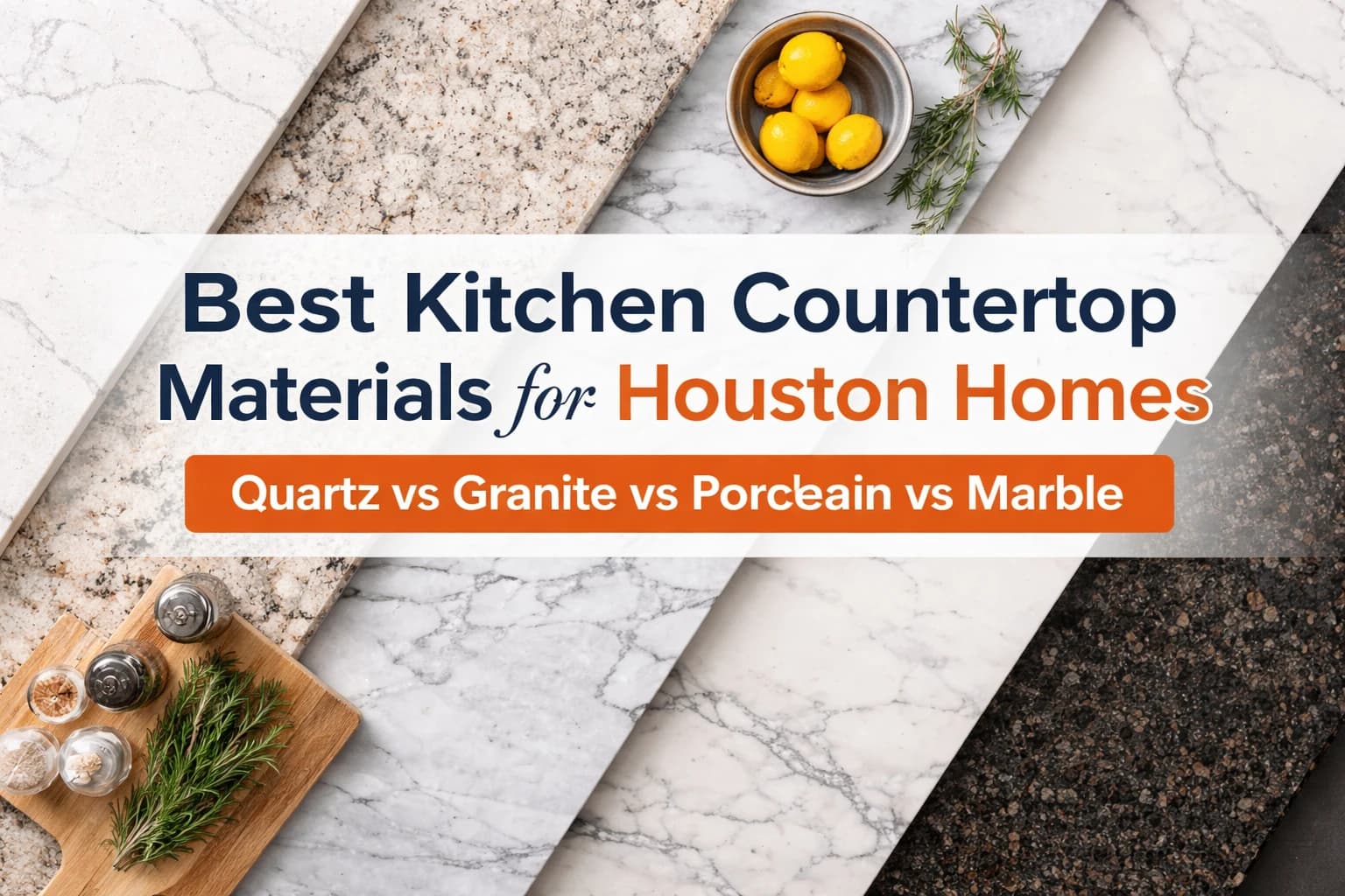 Title graphic over countertop slab samples comparing quartz, granite, porcelain, and marble for Houston homes.