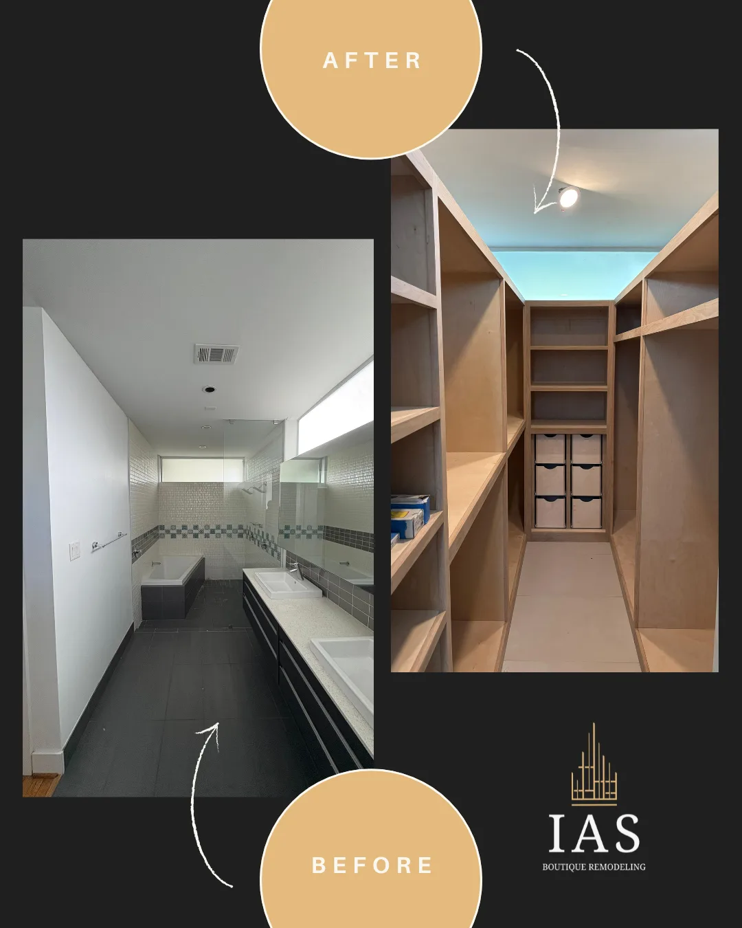Before-and-after of a primary-suite remodel: a dark-tiled bathroom transformed into a custom wood walk-in closet with open shelving and built-in drawers.